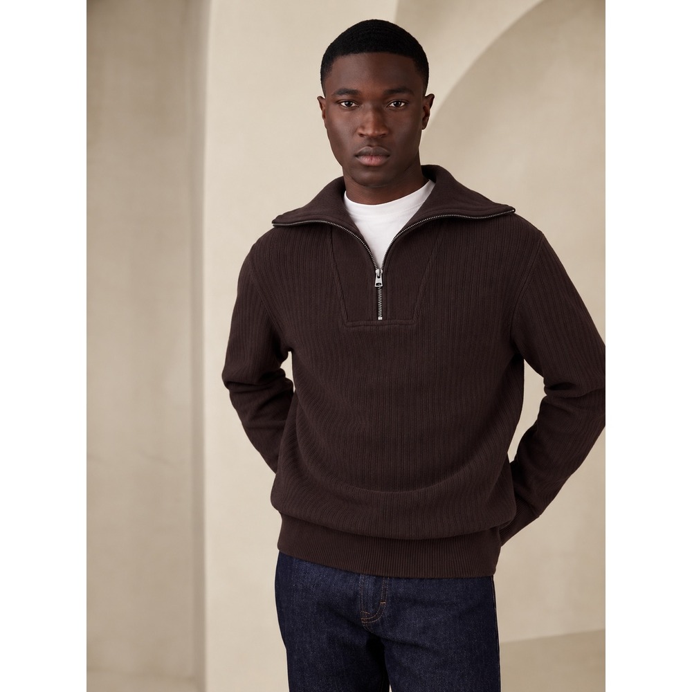Banana Republic Mens French Rib Half-Zip Pullover Cotton Sweater Brown Large